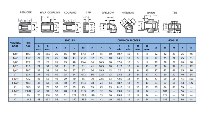 Forged Socket Weld Fittings Dimensions